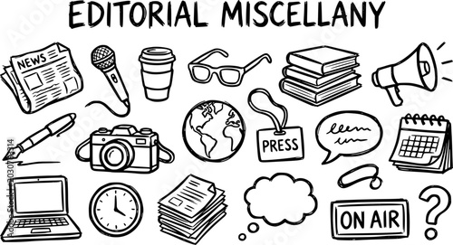 Foto Editorial Miscellany - Black and White Line Art Icons for Journalism and Media