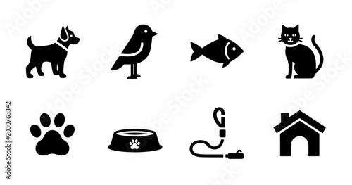 Photos Pet Icons Set: Dog, Cat, Bird, Fish, Paw Print, Bowl, Leash, House Vector Graphi