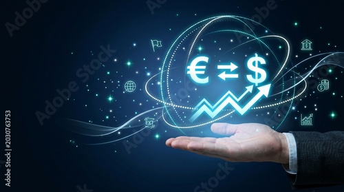 Global currency exchange and financial growth concept with euro and dollar symbols, rising graph, and digital finance icons over a businessmans hand