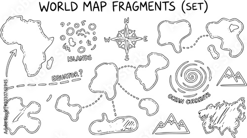 Foto World Map Fragments Set: Africa, Islands, Compass, Ocean Currents, Mountains, Li