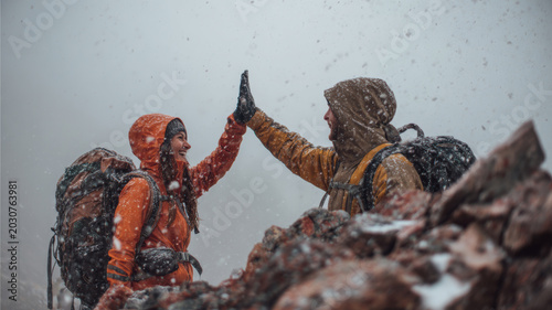 Explore adventure outdoor in National Park. Two mountaineers in orange and yellow jackets highfiving each other on a snowy mountain.