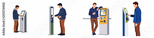 Illustrations of a young man using various self-service kiosks and digital payment terminals for different tasks, presented as a set on white background.