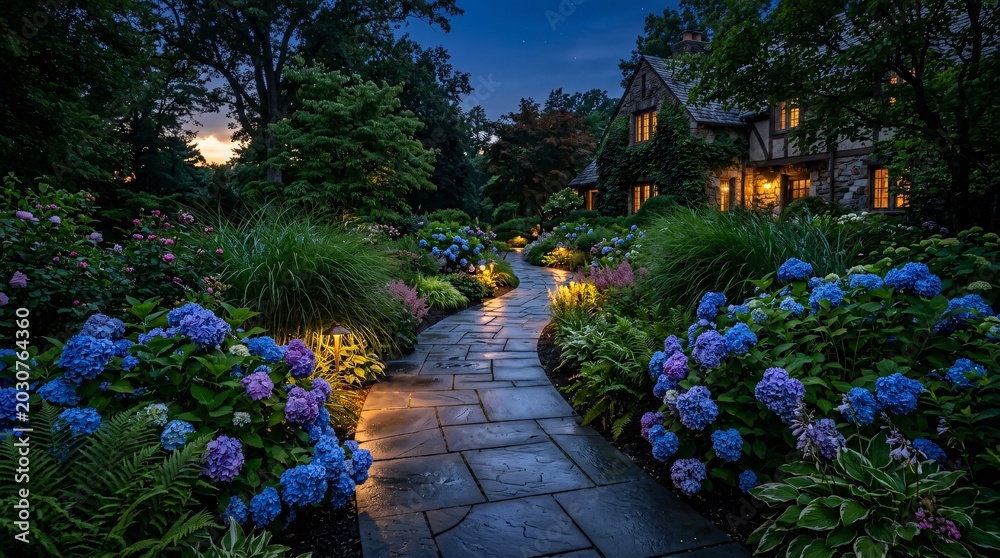 Fototapeta premium Enchanting winding garden pathway paved with smooth dark slate stones and illuminated by warm amber low-voltage landscape lighting sets.