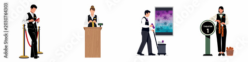 Fotografía Illustrations of cinema and theater staff including ushers, ticket collectors, and box office attendants in formal uniforms isolated on a white background