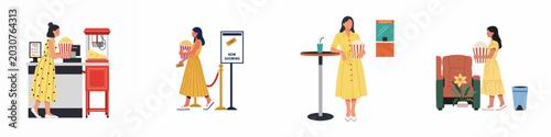 Schilderij op canvas Flat illustration set of a young woman enjoying a movie theater experience, from buying popcorn to finding her seat