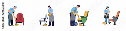 Tableau sur toile Collection of illustrations showing professional cleaning staff sweeping around various types of seating in public and office spaces, highlighting janitorial maintenance services