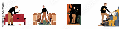 Billede på lærred Set of illustrations showing a man navigating a cinema or theater, using a phone flashlight to find his seat and lost items