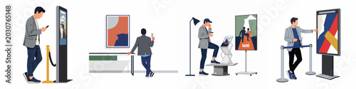 Vector illustration set featuring a man interacting with digital kiosks, artwork, and information displays in a modern museum or gallery exhibition setting.