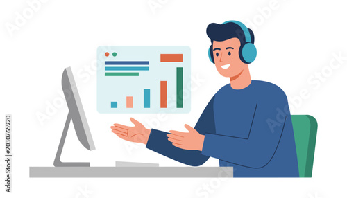 Man wearing headphones working on a computer with analytics chart call center customer service