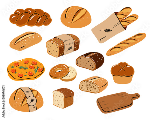 Photos Bread and Bakery Hand Drawn Vector Illustration Set — Flat Cartoon Style Collect