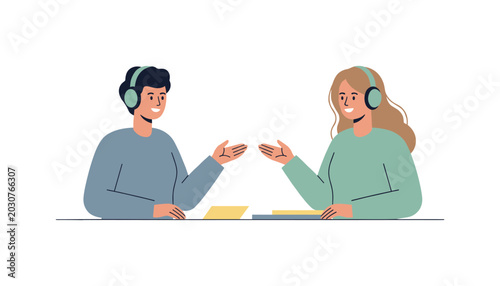 Schilderij op canvas Two people wearing headphones engaged in online conversation and discussion with