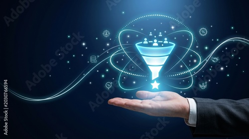 Business lead generation and sales funnel concept with digital marketing icons and human hand