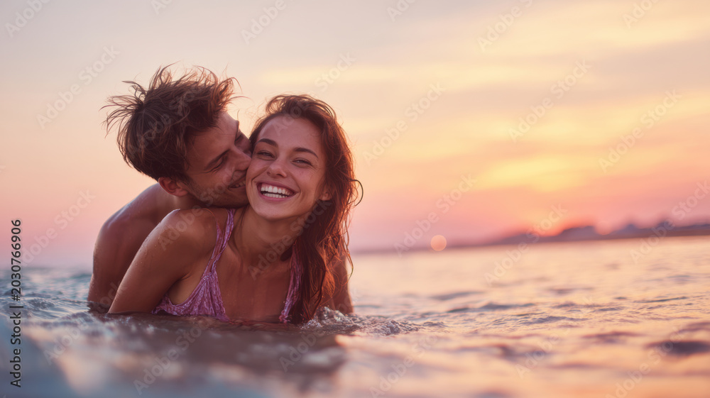 Fototapeta premium Lovely couple romantic moment. A man and woman embracing in the ocean at sunset, with the sky painted in a beautiful array of oranges, pinks, and purples. The water reflects the colors of the sky.
