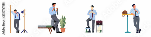 Canvastavla Set of illustrations depicting businessmen in various poses, loosening their ties and relaxing after finishing their work day, isolated on a white background