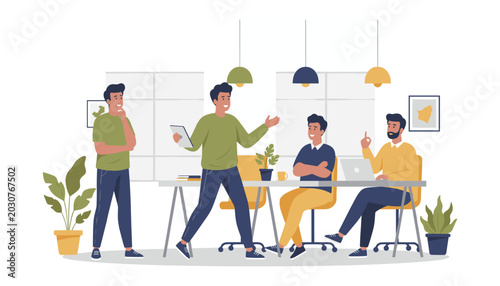 Four male colleagues brainstorming and discussing ideas in a modern office meeting with brainstormin