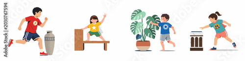 Set of active children running and playing indoors near household objects, illustrating energetic childhood play and potential home safety hazards.