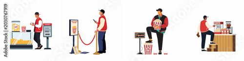Schilderij op canvas Illustration set of a young man buying popcorn and tickets at a cinema concession stand, featuring various poses and scenes