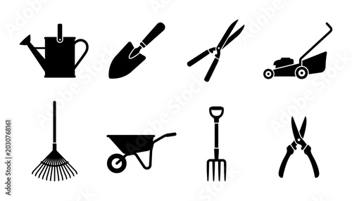 Bild auf Leinwand Gardening Tools Vector Icons Set: Lawn Mower, Watering Can, Trowel, Pruners, Rak