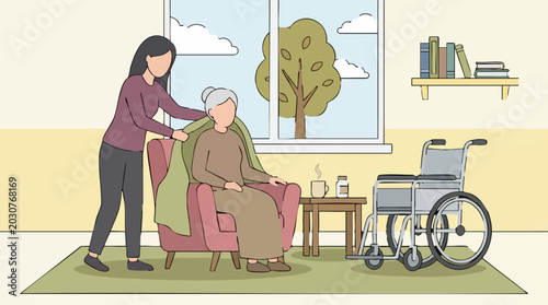 Tableau sur toile Caregiver covering senior woman with blanket in a cozy room