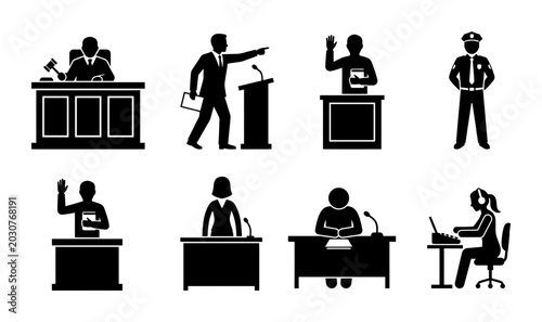Tableau sur toile Courtroom Icons Set: Judge, Lawyer, Witness, Police Officer, Public Speaker, Leg