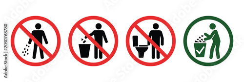 Photos Public hygiene vector sign set for proper trash disposal, waste sorting, and environmental cleanliness awareness