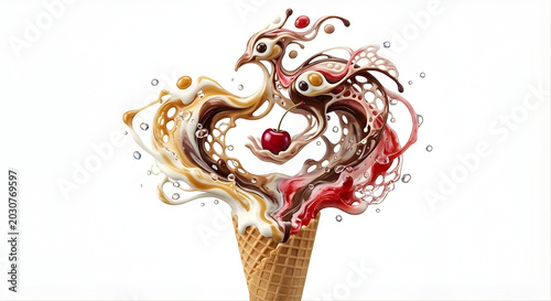 Artistic ice cream splash in a waffle cone forming an abstract phoenix bird shape with dynamic swirls of vanilla, chocolate, caramel, and strawberry sauce. Features a glossy red cherry at the center, 