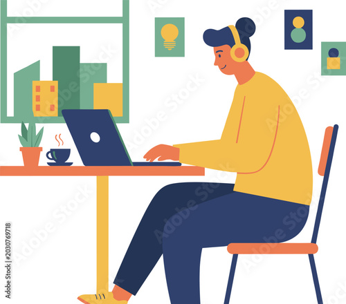 Person working remotely on laptop with headphones at cafe table digital nomad work from home