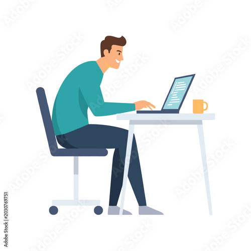 Focused man intensely typing on laptop computer at desk with flat illustration, problem solving