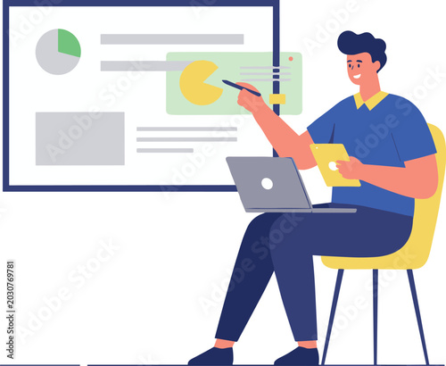 Man presenting business data and charts on interactive screen with flat illustration, presentation