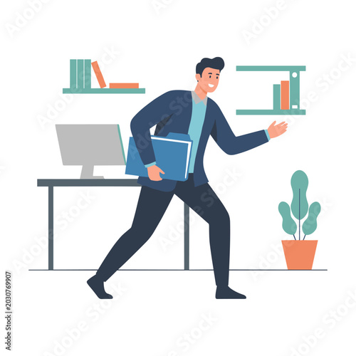 Determined businessman carrying files walking in office environment with flat illustration, employee