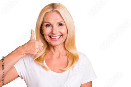 Bild auf Leinwand Closeup photo of middle age lady hand thumb raised up cool price new product wea