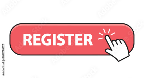 Hand cursor clicking on a bright red button with the word register in this digital image