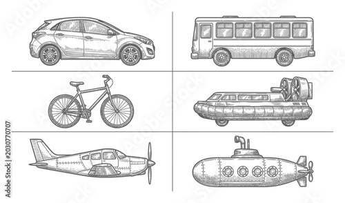 Foto Hand-drawn collection of diverse transportation vehicles