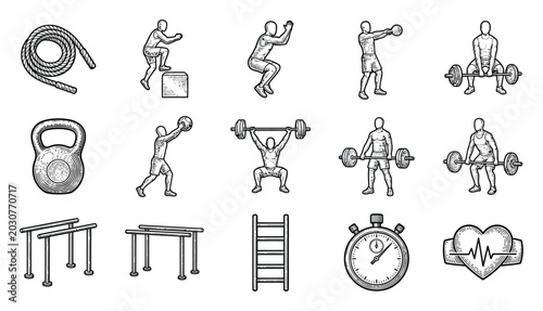 Foto Hand-drawn of fitness equipment and exercises