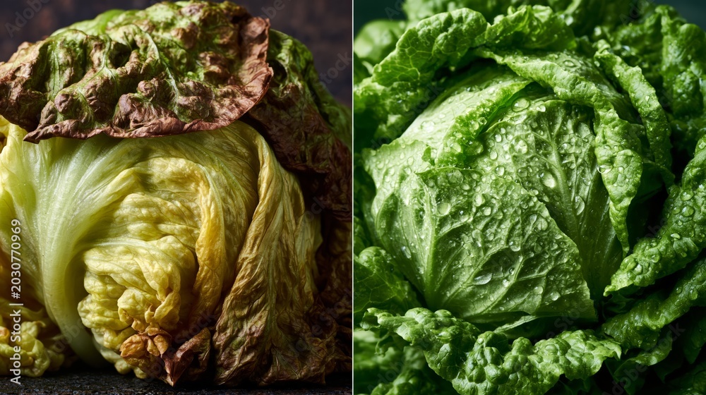 Obraz premium A produce freshness before and after split showing a wilted browned drooping lettuce on the left and a crisp vibrant bright green fresh lettuce on the right.