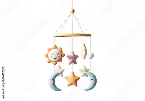 A charming baby mobile with plush toys in the shape of a smiling sun, stars, and moons in pastel colors isolated on transparent background