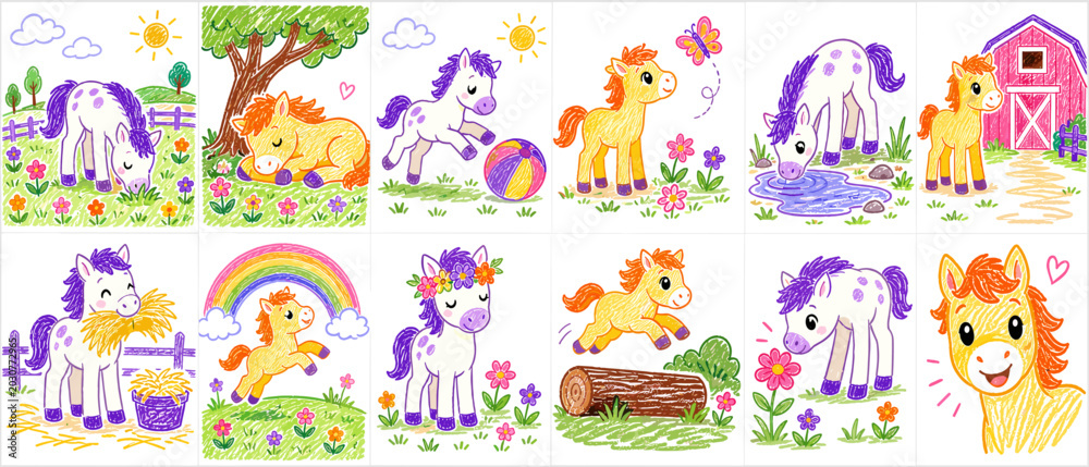 Fototapeta premium Cute cartoon horses in various playful and peaceful farm scenes with colorful drawings