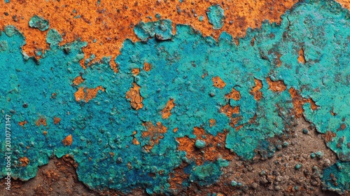 Macro shot of a heavily corroded metal surface with flaking turquoise patina and rough orange rust. The weathered abstract texture creates a rich organic pattern