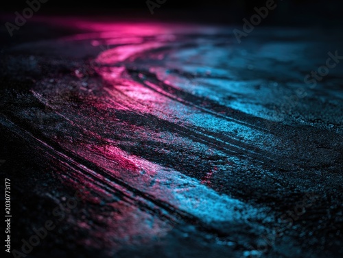 Low angle close-up of a dark textured asphalt or dirt ground with deep tire tracks and puddles, illuminated by vibrant pink and blue neon lights in a moody night scene.