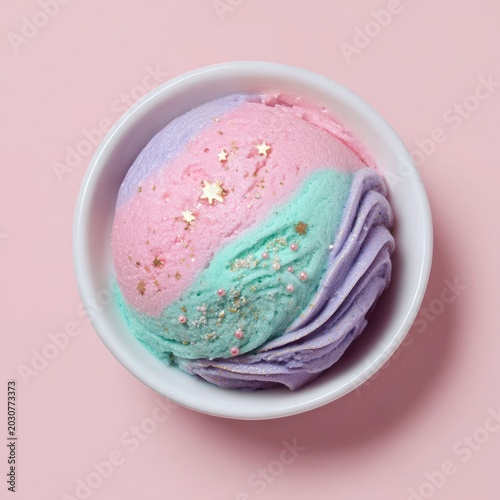 Top view of a pastel ice cream scoop in a white bowl over a pink background. The gourmet dessert features swirls of pink, mint green, and lavender purple topped with tiny gold stars
