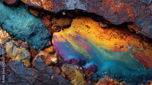 Abstract close-up of a rugged rock fissure revealing a vibrant iridescent mineral vein. Striking swirls of orange, purple, and teal flow between dark weathered stone textures