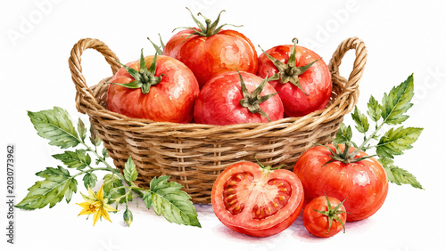 Watercolor illustration of ripe red tomatoes in a rustic basket with green leaves and sliced tomato on white background.