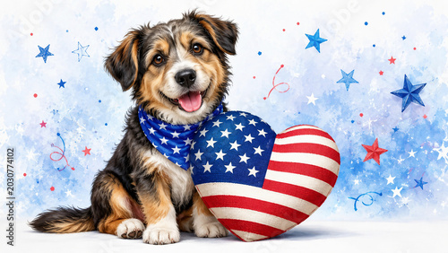 Adorable dog wearing a blue star bandana beside a heart shaped American flag pillow on a festive patriotic background.