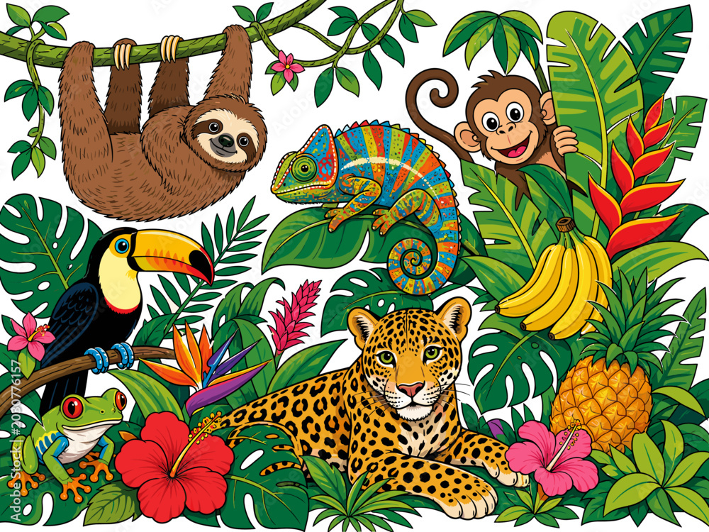 Fototapeta premium Vibrant jungle scene with diverse animals and lush tropical foliage