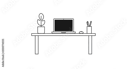 Photos Minimalist desk with laptop, plant, and pens.