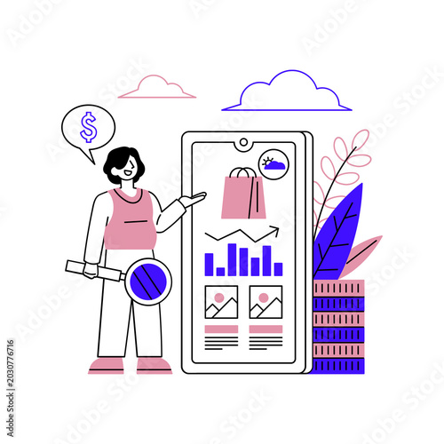 Flat line illustration of digital marketing analytics and consumer behavior tracking