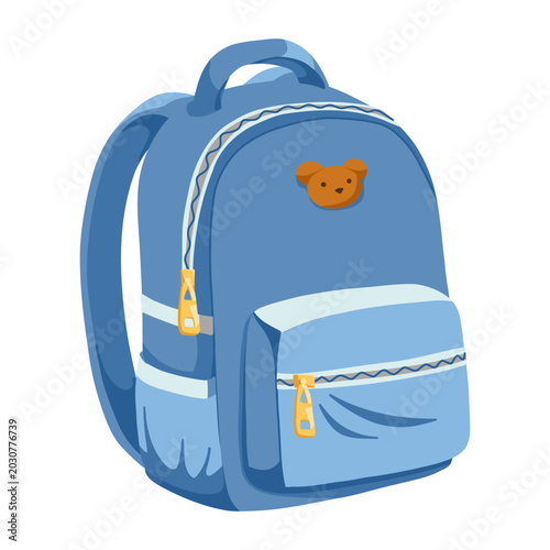 Backpack cartoon hand drawn vector illustration in blue with teddy bear detail and zipper pockets. Cute school accessory perfect for education posters, classroom decor and stationery branding