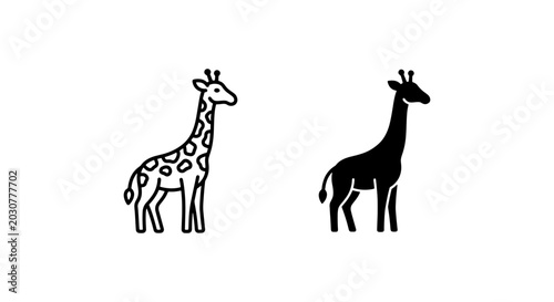 Giraffe Icon Set, Silhouette and Outline, Wildlife Animal Graphics