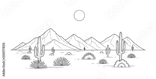 Konstfotografi Minimalist desert landscape with saguaro cacti and mountains under a sun cactus