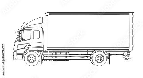Line art illustration of a commercial delivery truck side view